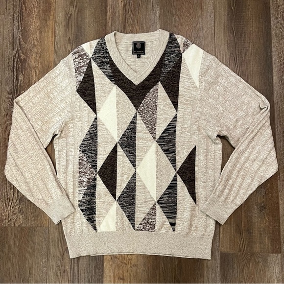 Vtg F/X Fushion Knit Sweater Mens L Argyle‎ V-Neck Brown Ivory Black Long Sleeve - Picture 1 of 13